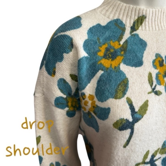 LOFT floral ivory teal cotton blend mock neck pullover sweater women's small - Picture 13 of 16
